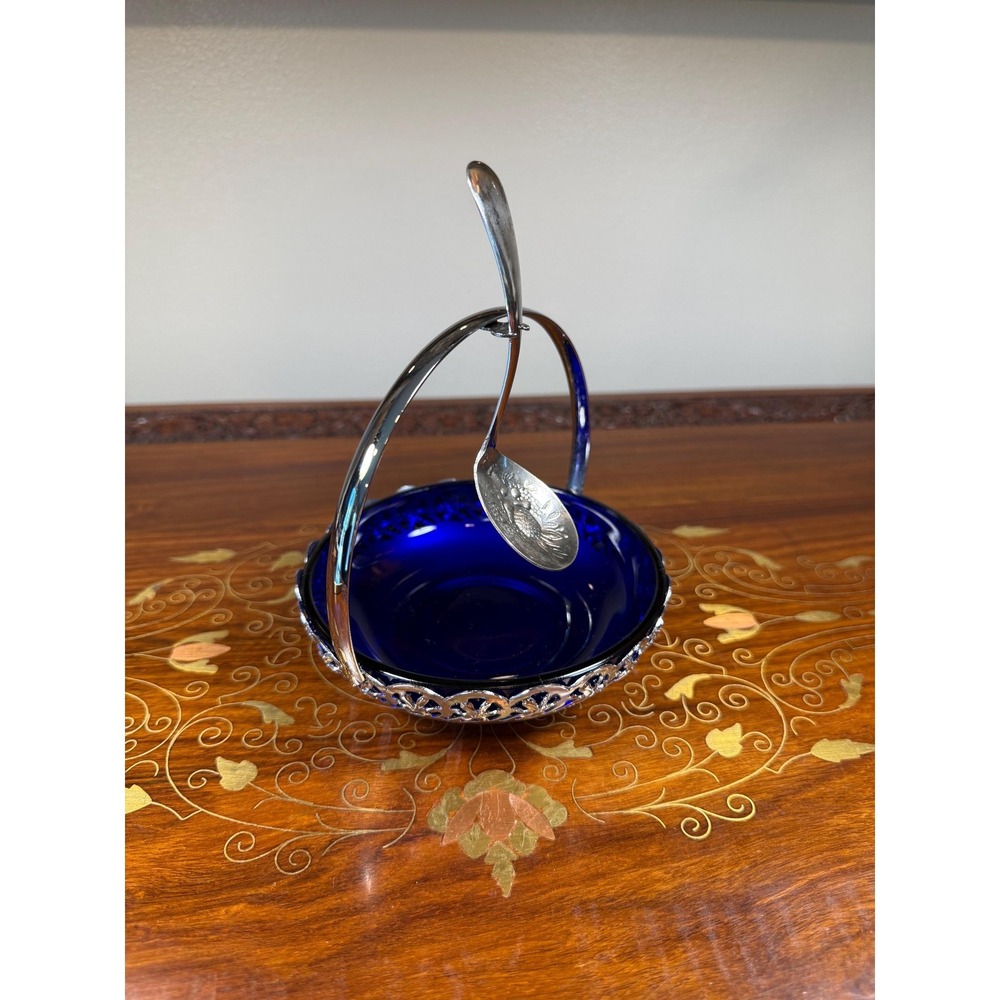 Vintage Cobalt Blue Jam Dish with Silver Plate Holder & Spoon - Picture 8 of 17